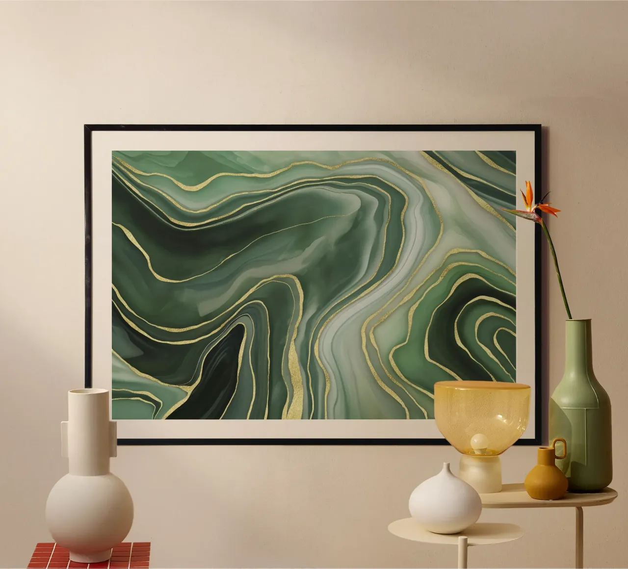 Marmo Reverie Verde Giada e Oro Lusso poster con telaio in alluminio da Andrea Haase Modern Home