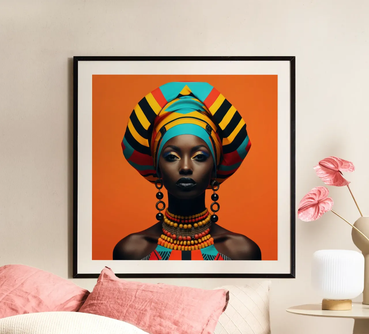 Donna senegalese geometrica poster con telaio in legno da Artful Muse