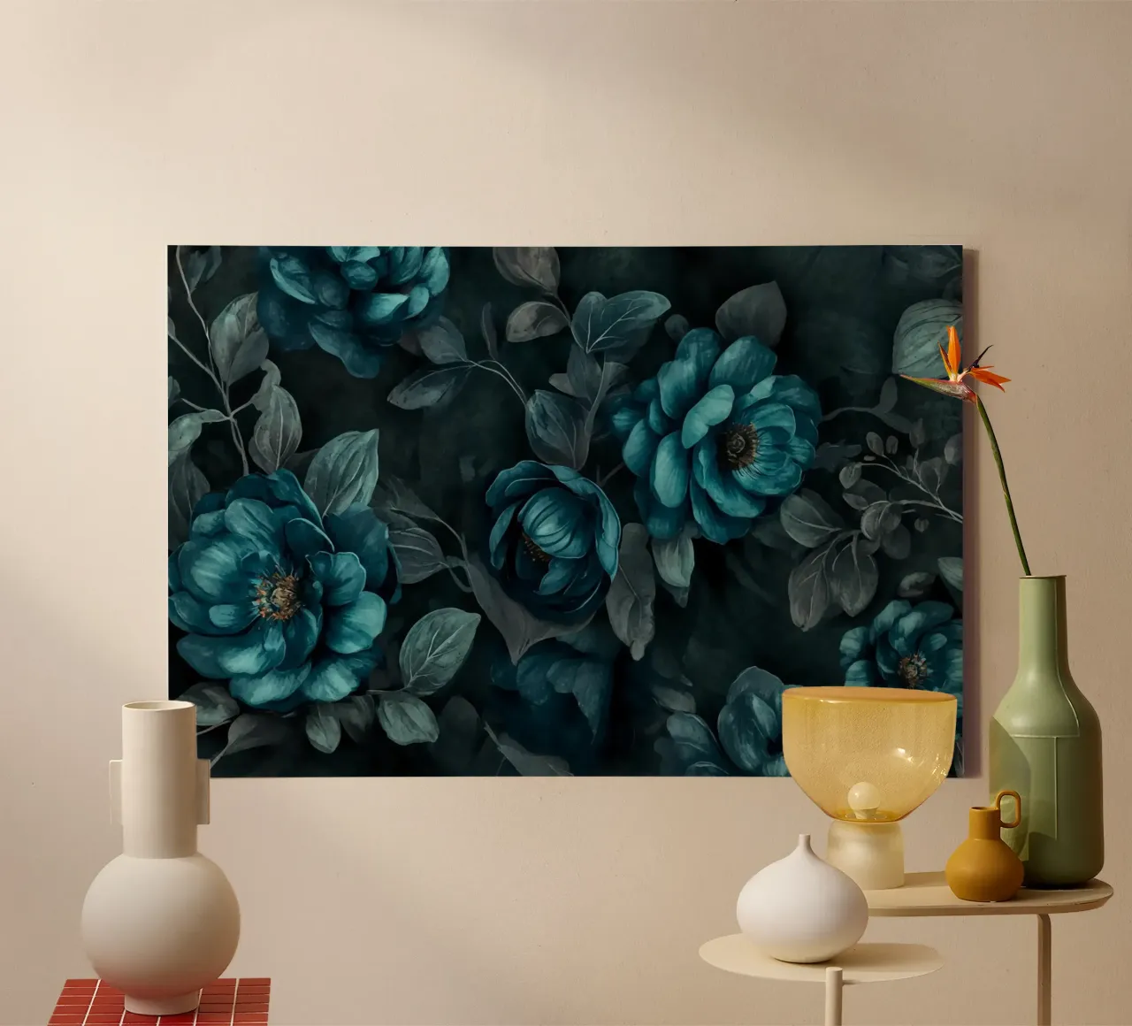 Baroque Moody Elegance Teal Flower Serenity canvas with Floater frame by Andrea Haase Floral Passion
