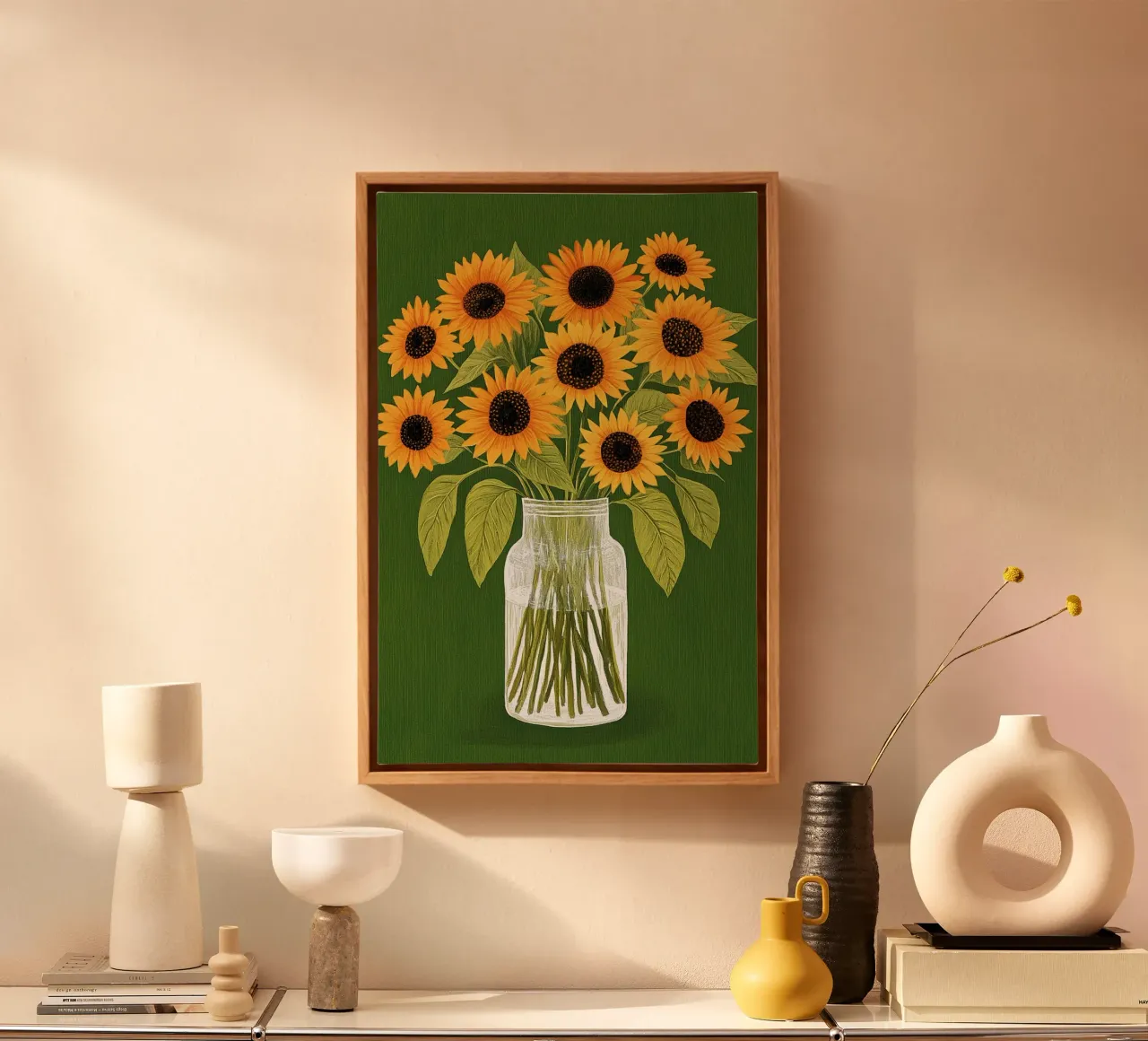 Sonnenblumen in einer Vase Leinwand mit Schattenfugenrahmen von Curious Canvas