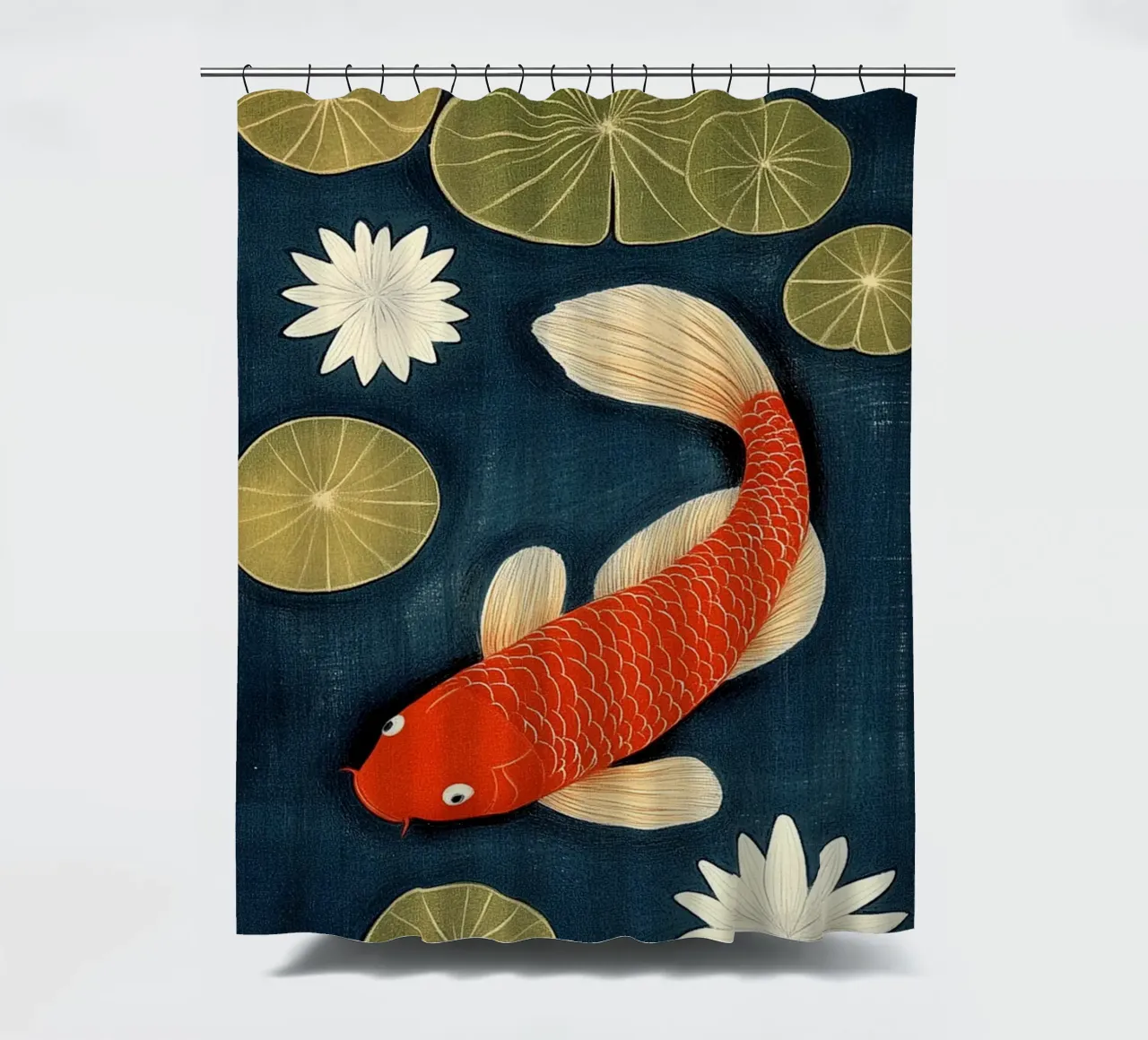Koi between water lilies shower curtain by Curious Canvas