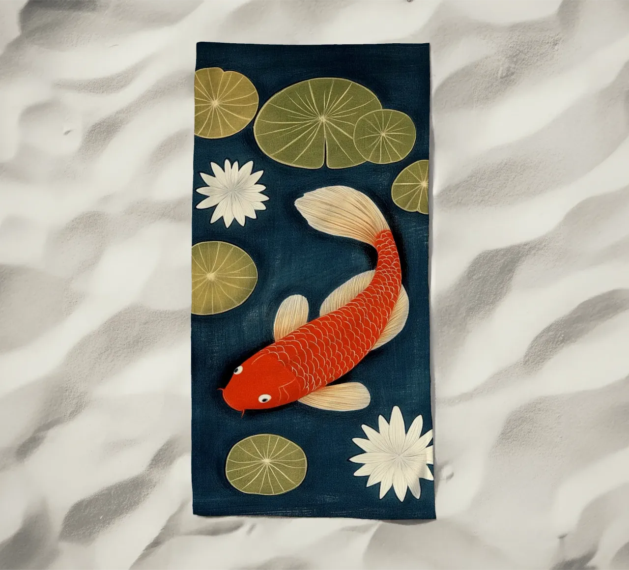 Koi between water lilies beach towel by Curious Canvas