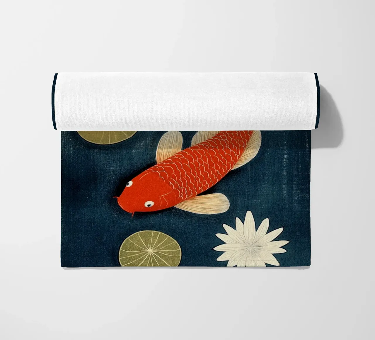 Koi between water lilies beach towel by Curious Canvas