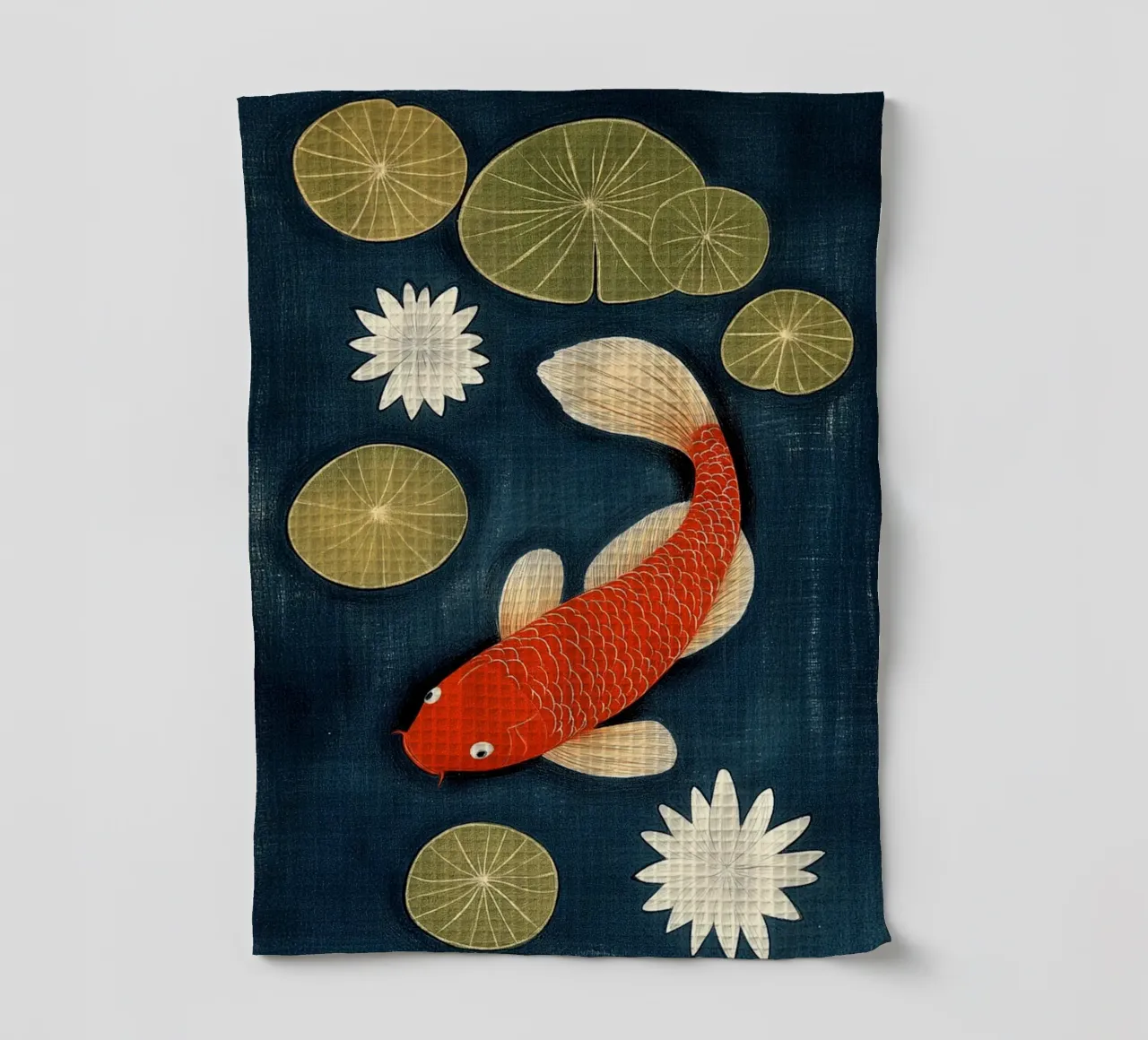 Koi between water lilies tea towel by Curious Canvas