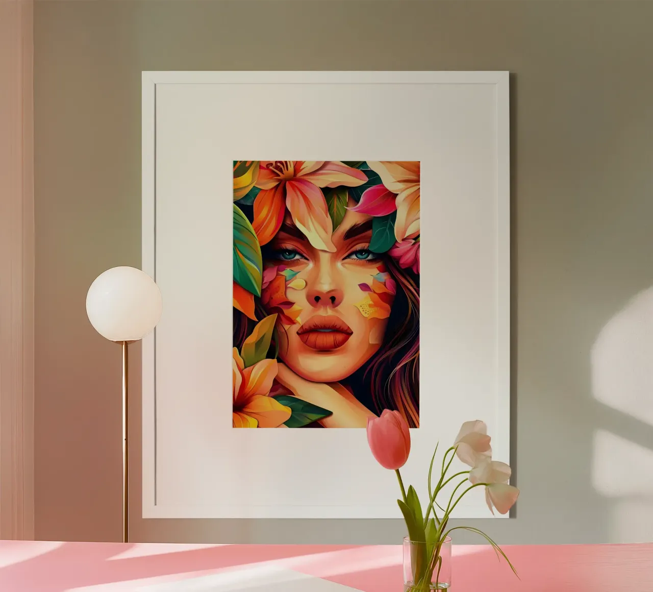 Ritratto della bambina in fiore poster con telaio in legno da Artful Muse