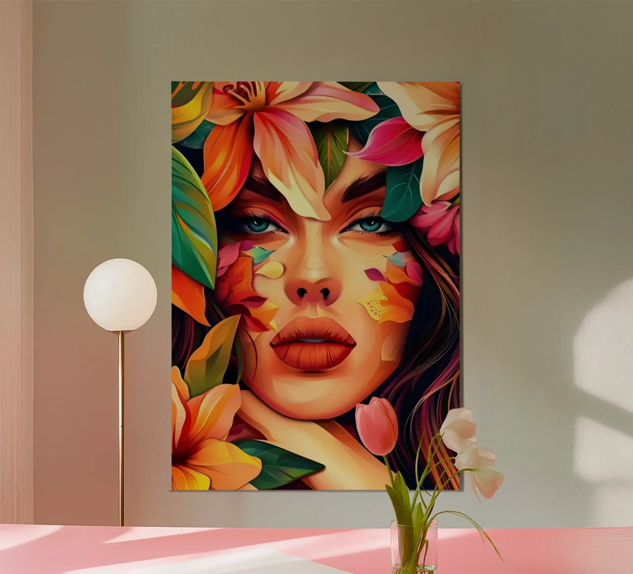 Ritratto della bambina in fiore poster con telaio in legno da Artful Muse