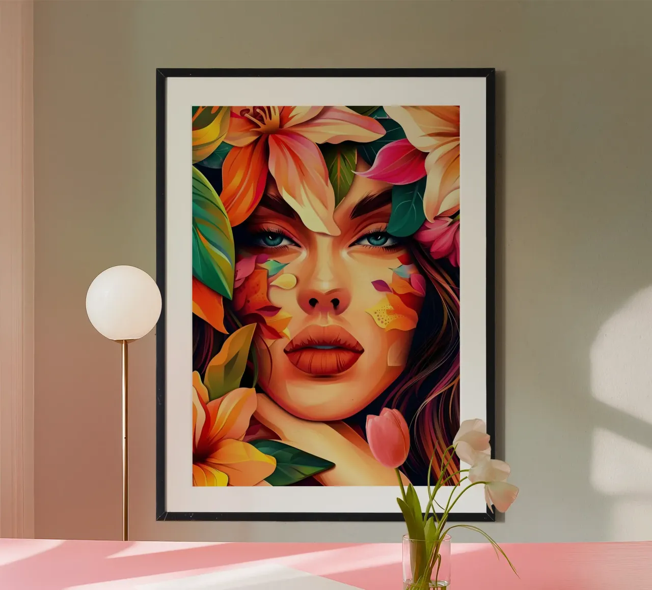Ritratto della bambina in fiore poster con telaio in legno da Artful Muse
