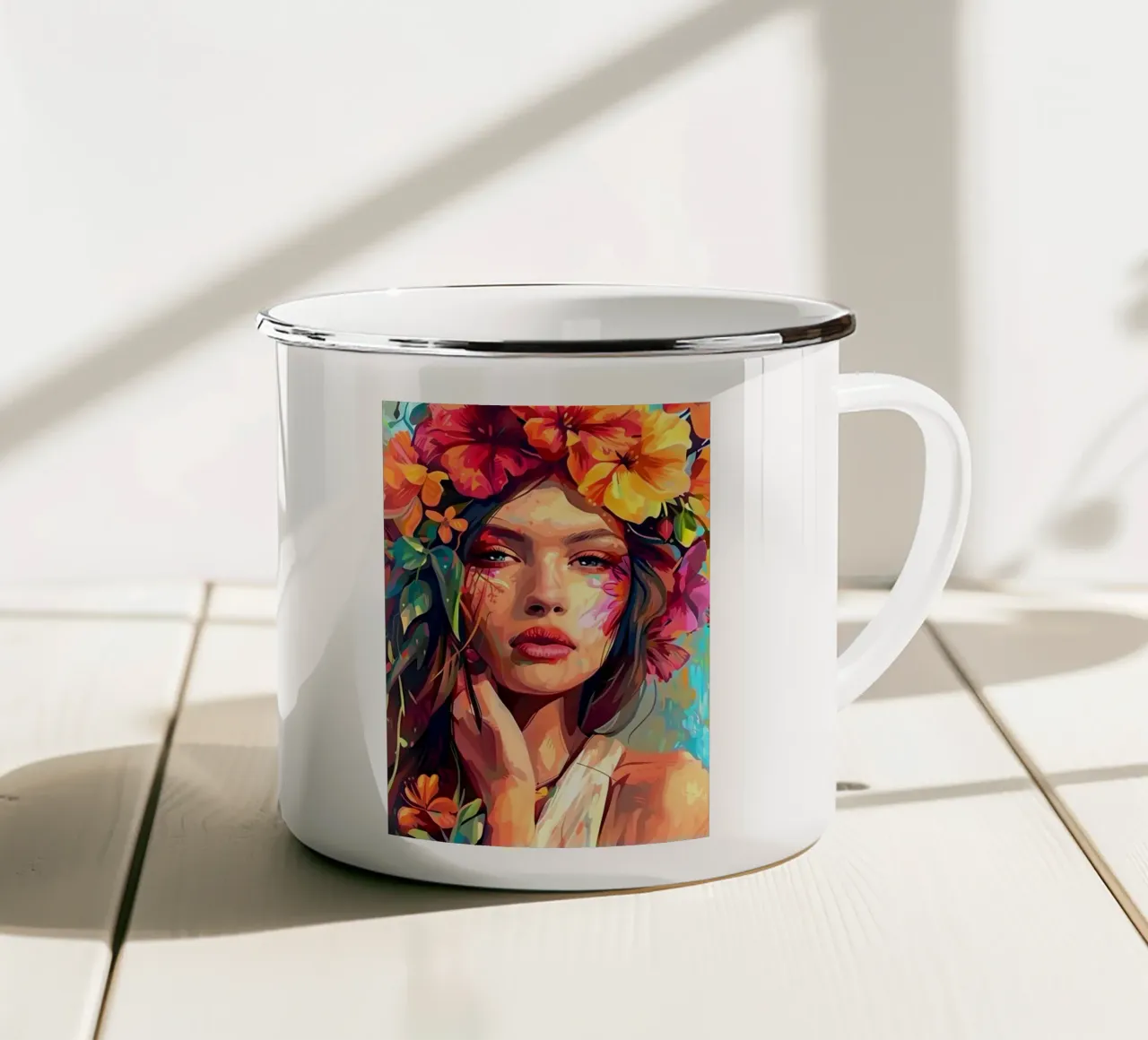 Ritratto della bambina in fiore tazza in smalto da Artful Muse