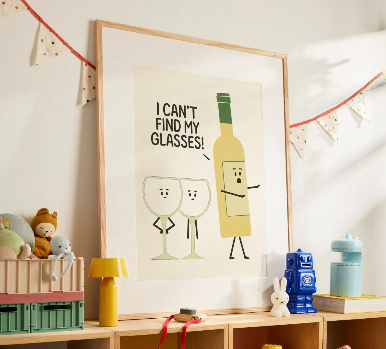 Personaggio umoristico dei cartoni animati con bicchieri e bottiglie di vino poster con telaio in alluminio da 🥝 KIWI STORE