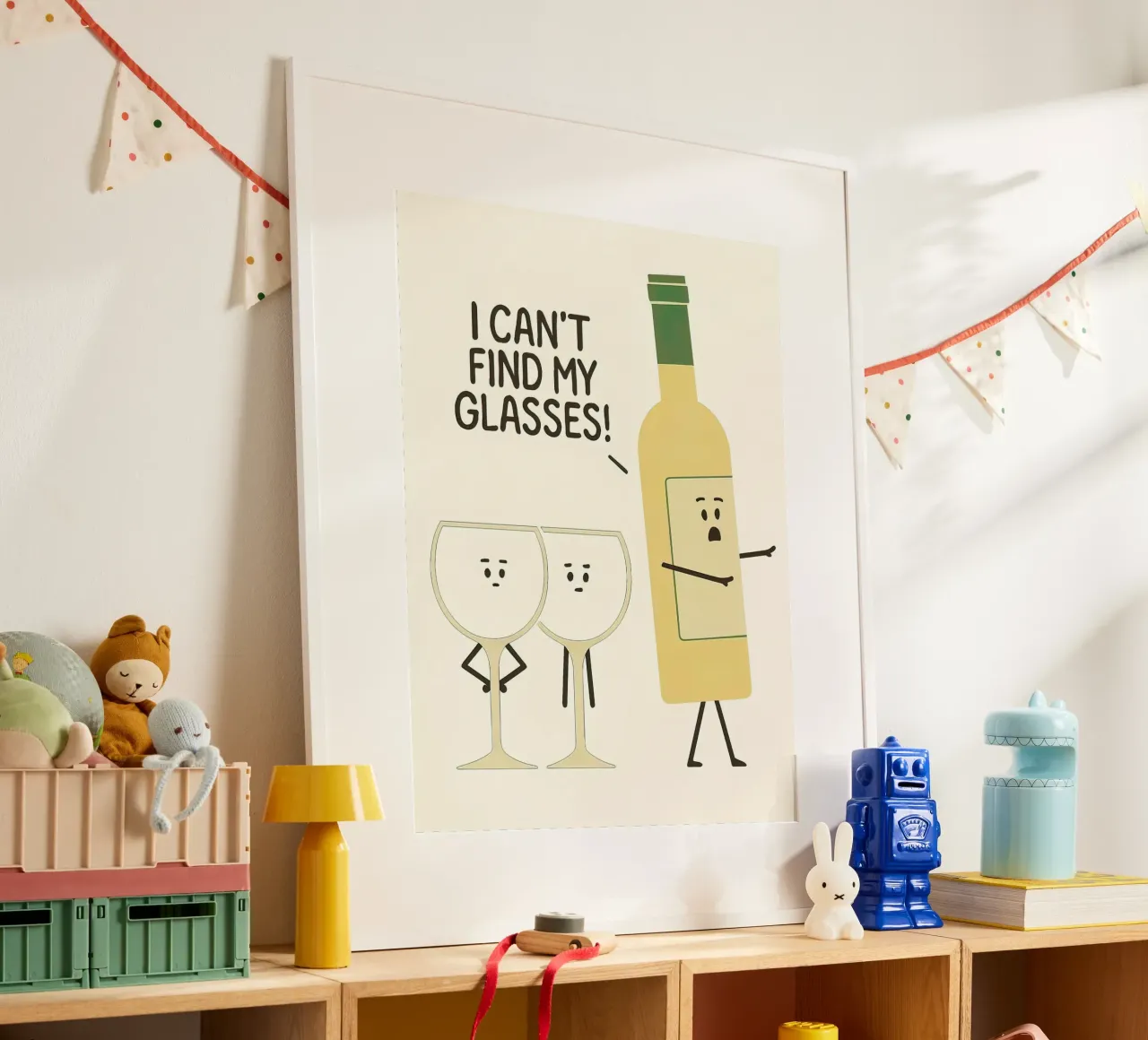Personaggio umoristico dei cartoni animati con bicchieri e bottiglie di vino poster con telaio in alluminio da 🥝 KIWI STORE
