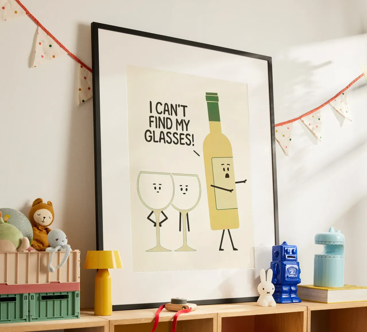 Personaggio umoristico dei cartoni animati con bicchieri e bottiglie di vino poster con telaio in alluminio da 🥝 KIWI STORE