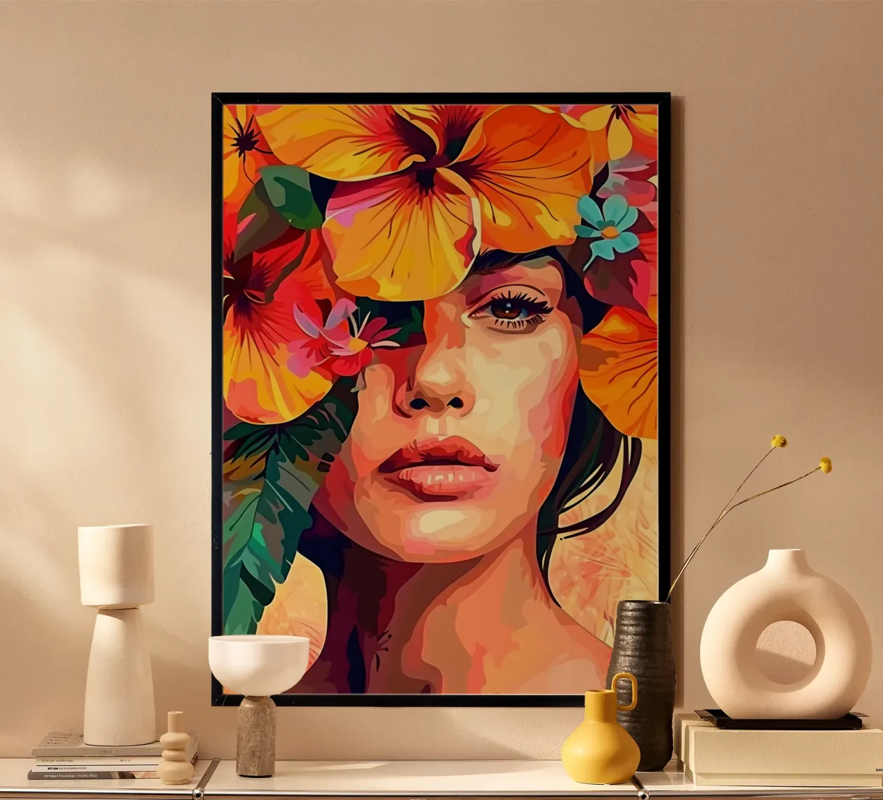 Ritratto della bambina in fiore poster con telaio in legno da Artful Muse