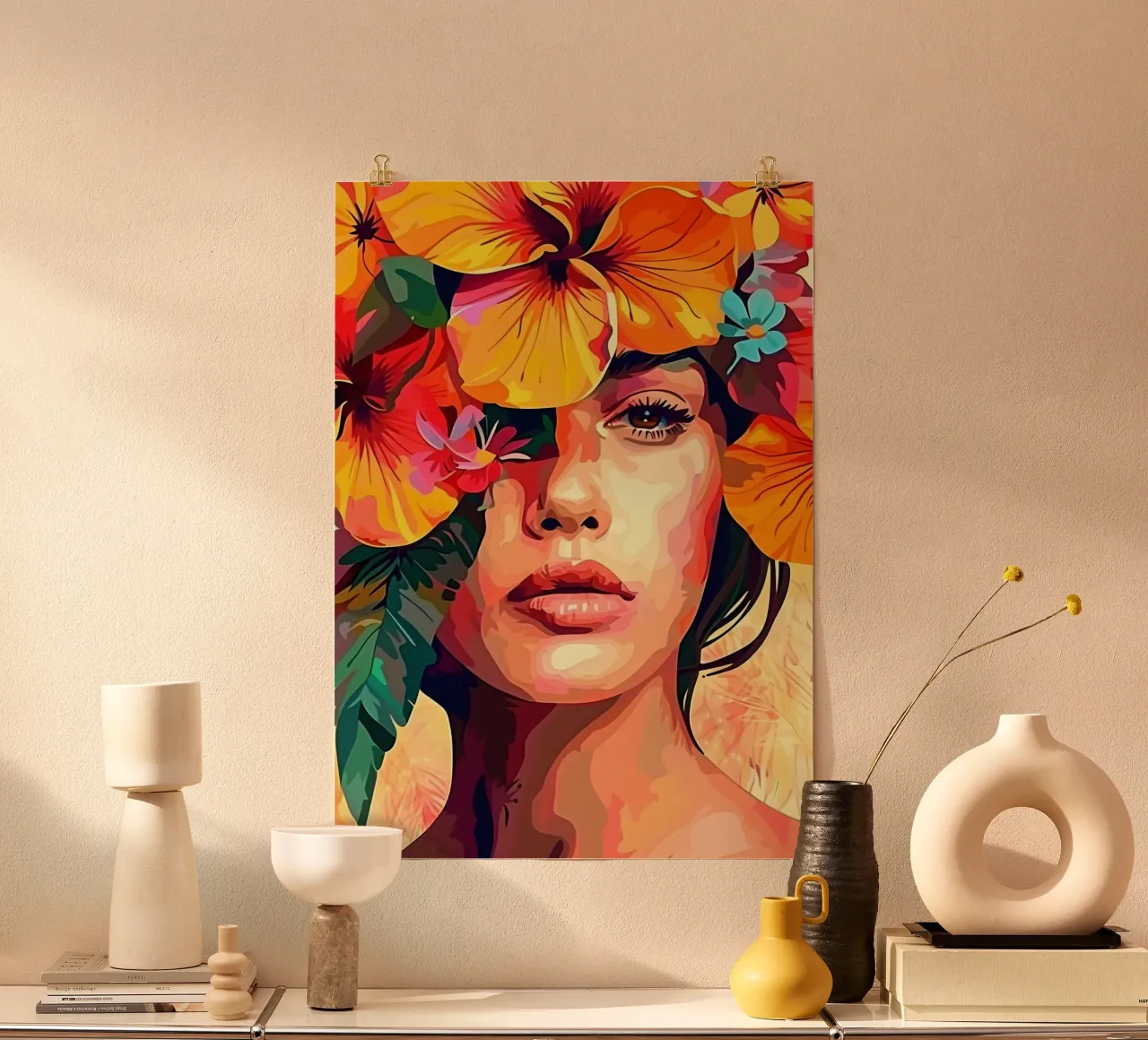 Ritratto della bambina in fiore poster con telaio in legno da Artful Muse
