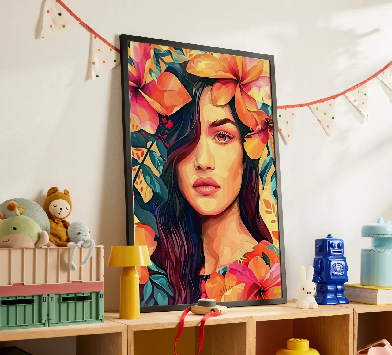 Ritratto della bambina in fiore poster con telaio in alluminio da Artful Muse