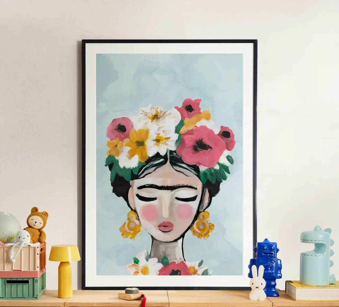 Impression de fleurs, poster abstrait vibrant poster avec cadre en bois de Boheme