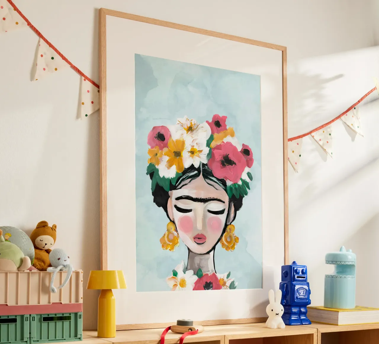 Impression de fleurs, poster abstrait vibrant poster avec cadre en bois de Boheme