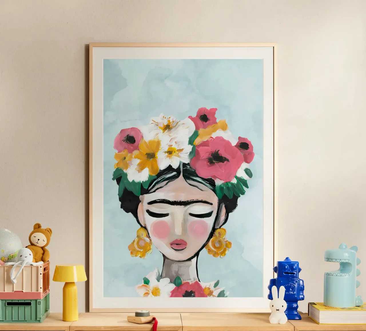 Impression de fleurs, poster abstrait vibrant poster avec cadre en bois de Boheme