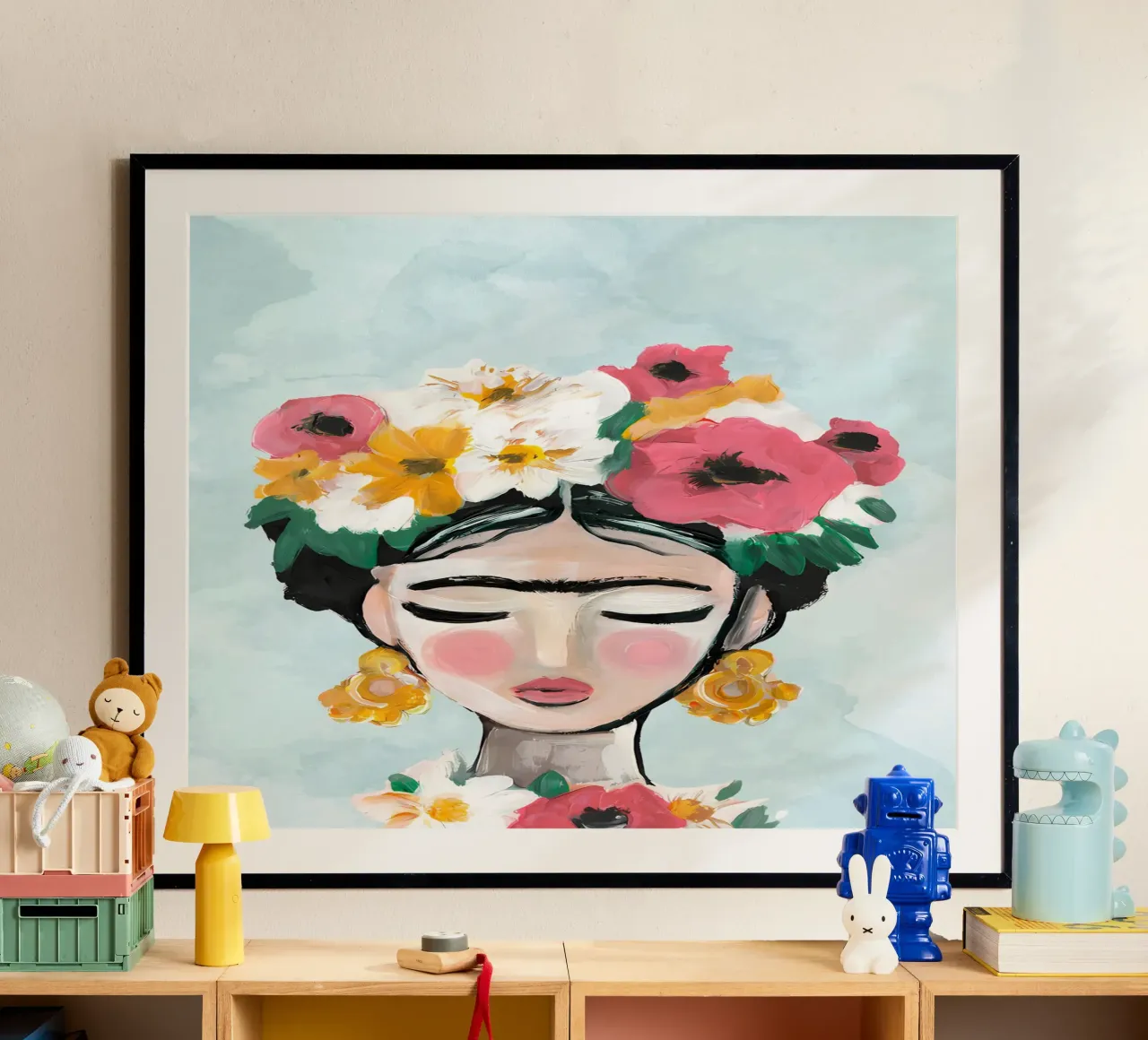 Impression de fleurs, poster abstrait vibrant poster avec cadre en bois de Boheme