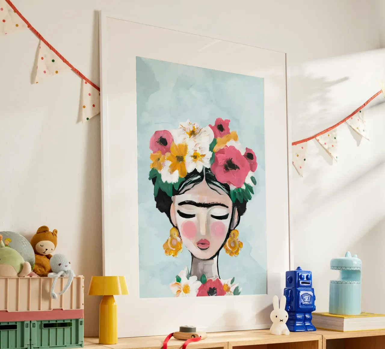 Impression de fleurs, poster abstrait vibrant poster avec cadre en bois de Boheme