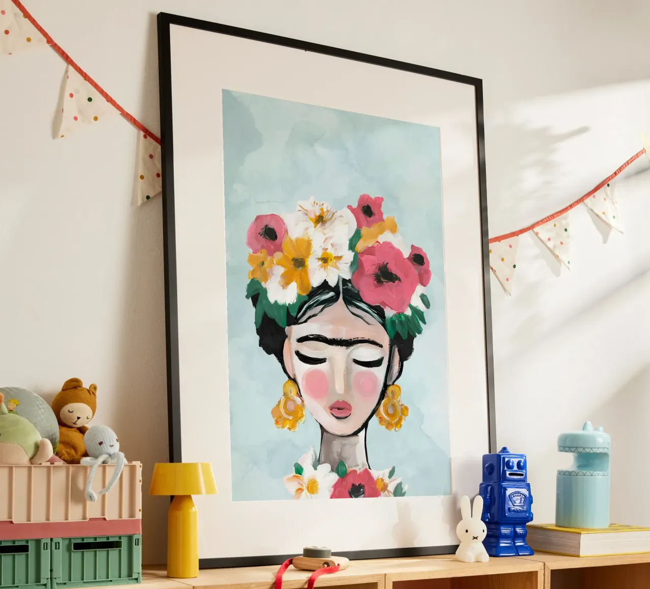 Impression de fleurs, poster abstrait vibrant poster avec cadre en bois de Boheme