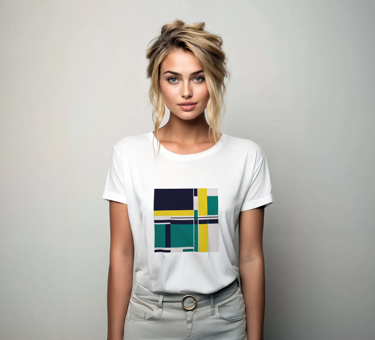Geometric Abstract Wall Art in Yellow and Teal women's fitted t-shirt by Artbyvo