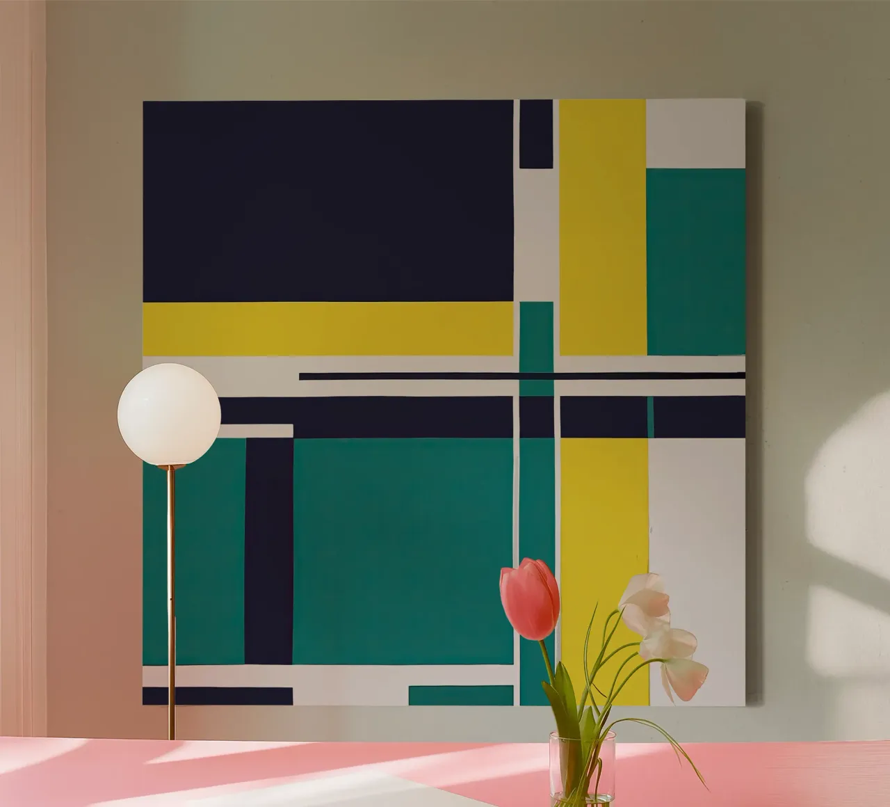 Geometric Abstract Wall Art in Yellow and Teal canvas by Artbyvo