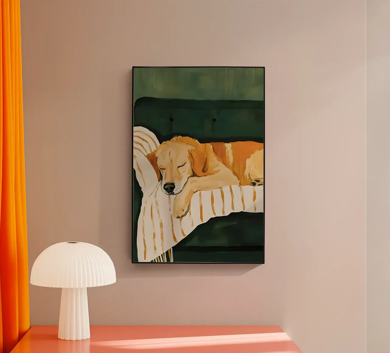 Sleeping Dog on Couch, Emerald Green Art acrylic glass by Little Lila
