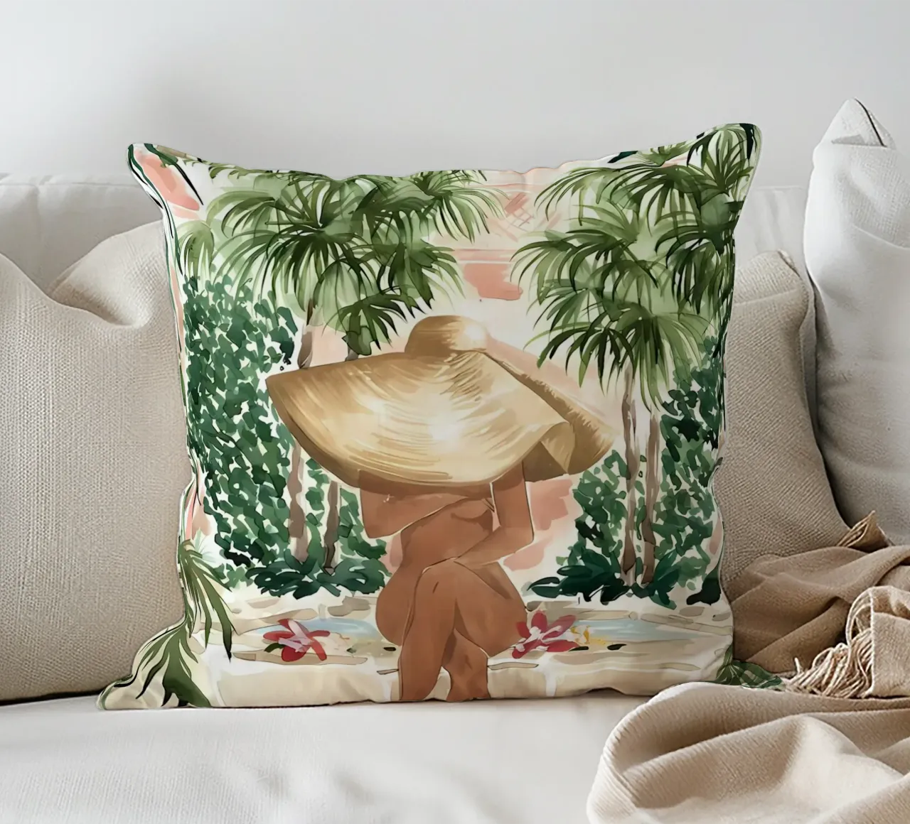 Tropical Woman Illustration decorative cushion by Little Lila