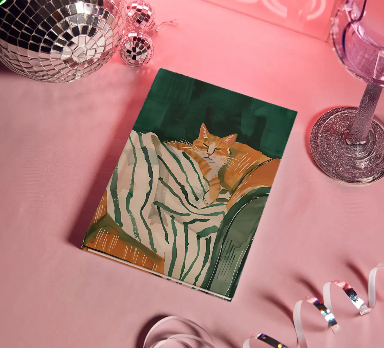 Sleeping Cat Illustration, Emerald Green Wall Art notebook by Little Lila