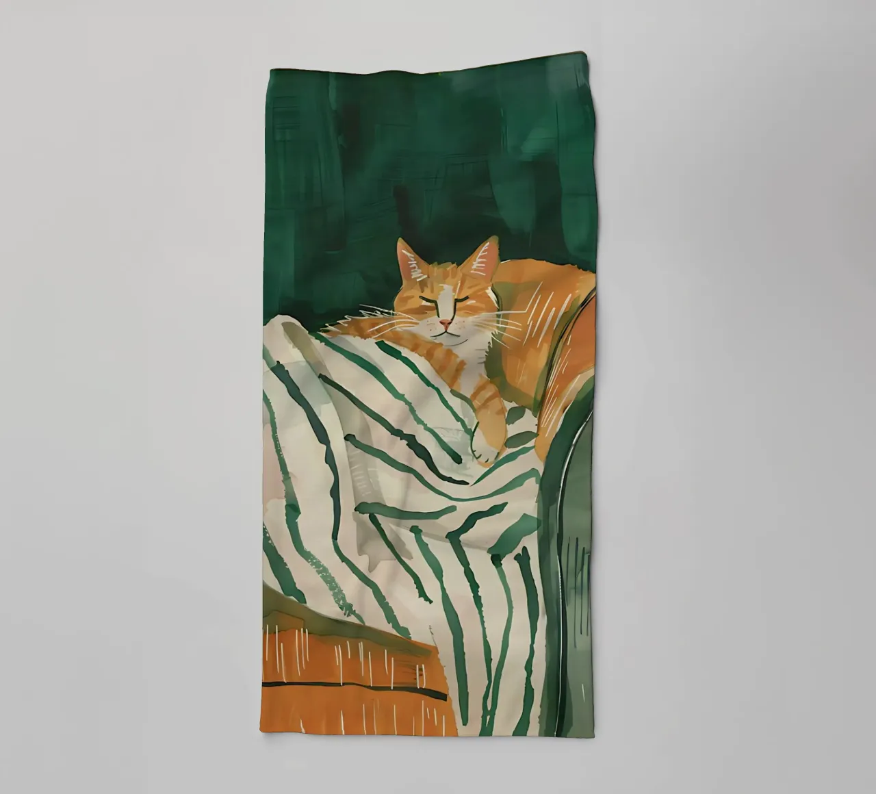 Schlafende Katze Illustration, Smaragdgrün Wandkunst Handtuch von Little Lila