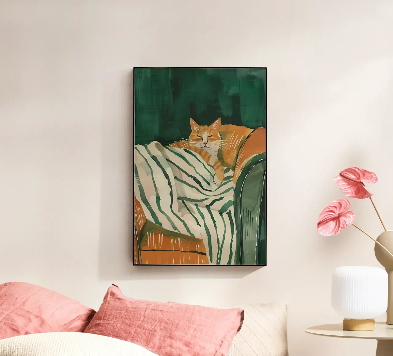 Sleeping Cat Illustration, Emerald Green Wall Art acrylic glass by Little Lila