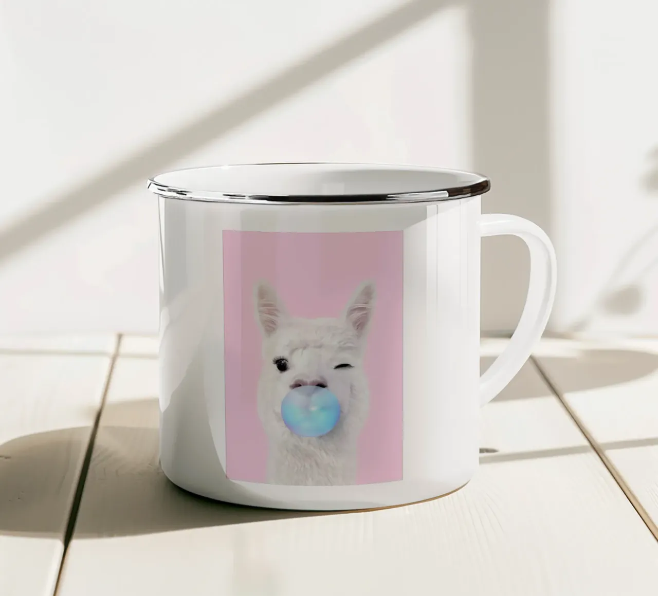 Bubblegum Lama enamel mug by Paul Fuentes Design