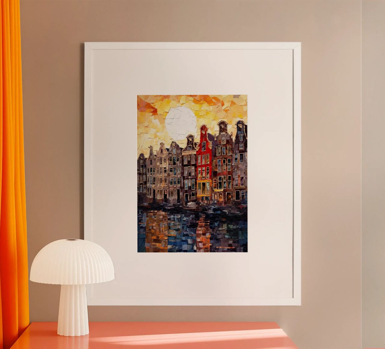 gracht zon water reflectie zonsondergang herenhuizen hemel ramen doo poster van Kristen Parr