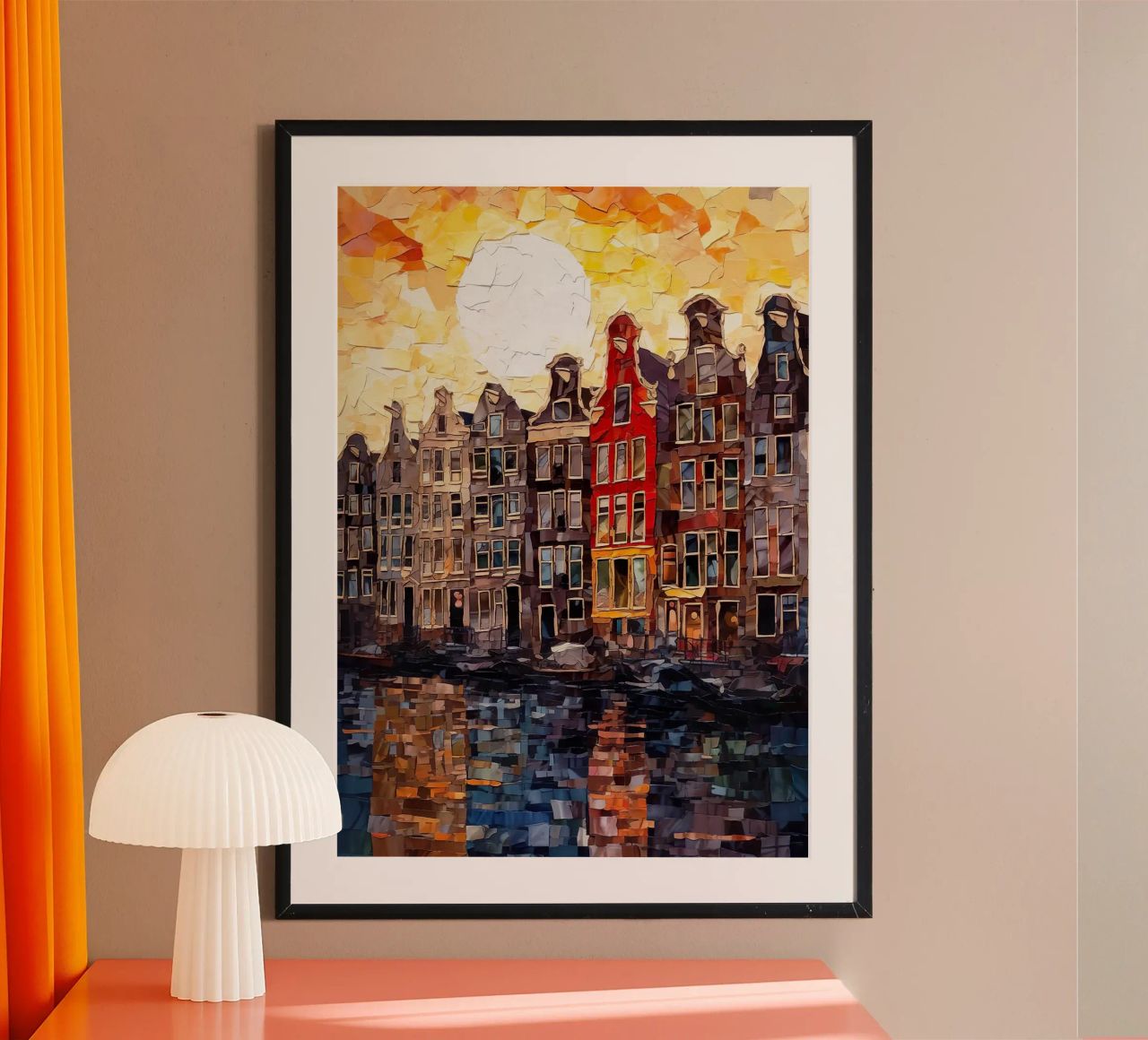 gracht zon water reflectie zonsondergang herenhuizen hemel ramen doo poster van Kristen Parr