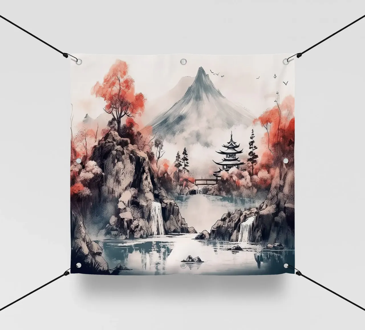 montagna pagoda cascata fiume alberi ponte uccelli rocce rif telo in pvc da minerva santiago