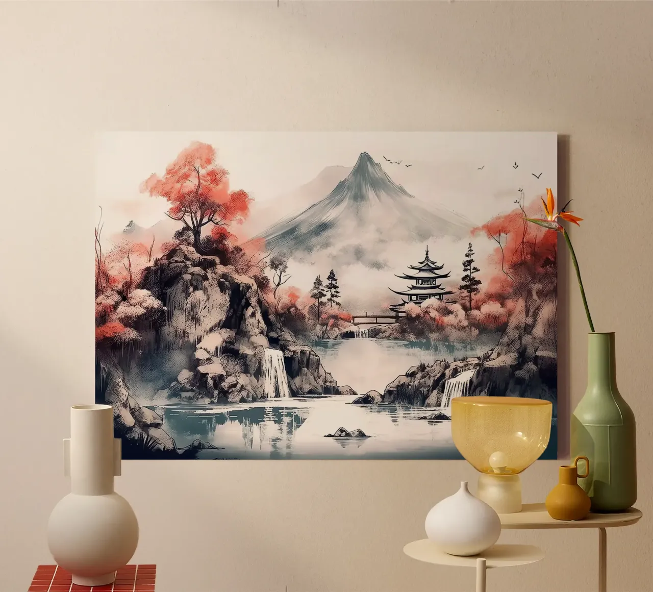 montagna pagoda cascata fiume alberi ponte uccelli rocce rif tela con Cornice a cassetta da minerva santiago