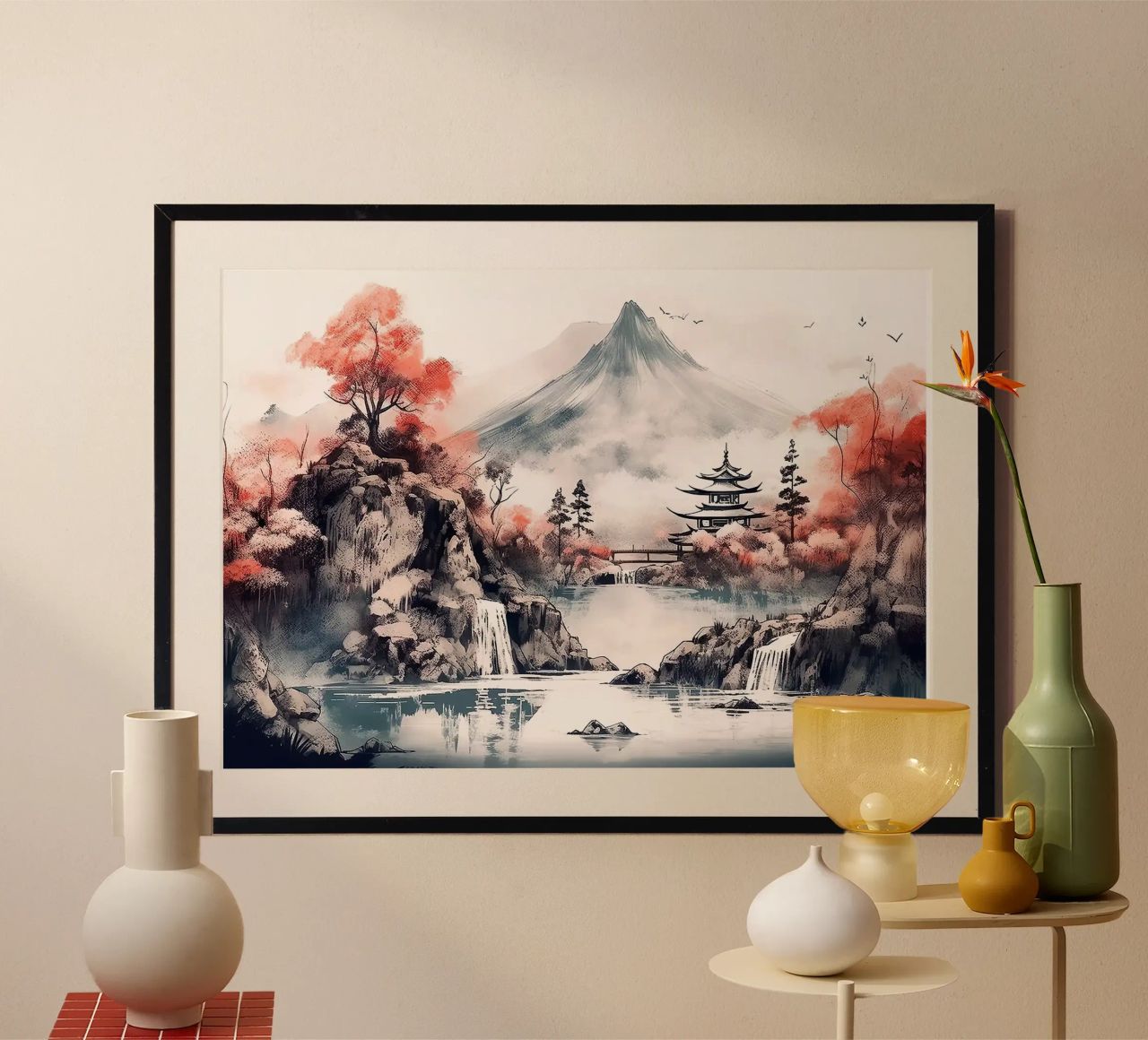 Berg Pagode Wasserfall Fluss Bäume Brücke Vögel Felsen ref Poster von minerva santiago