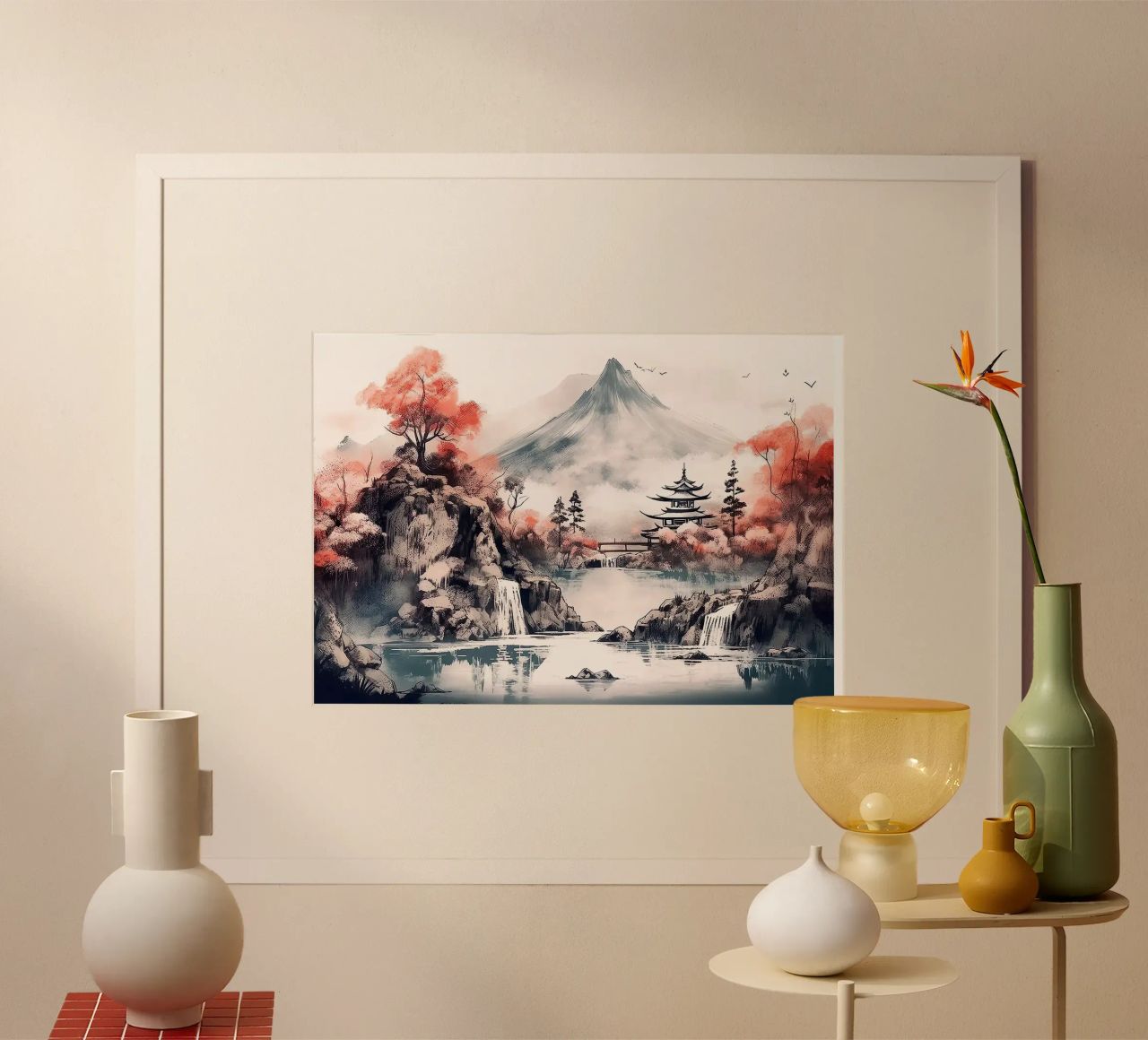 Berg Pagode Wasserfall Fluss Bäume Brücke Vögel Felsen ref Poster von minerva santiago