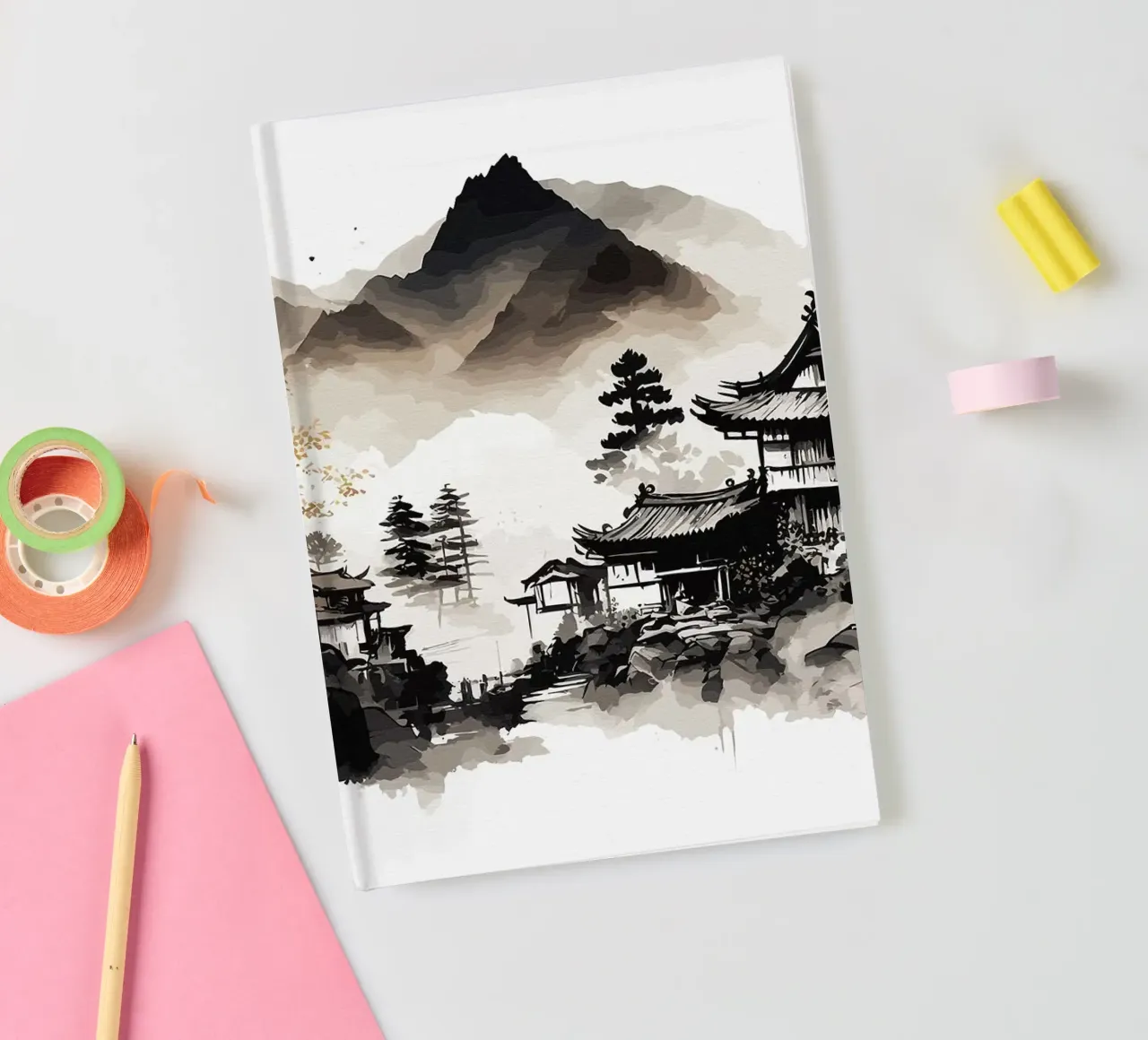 mountains traditional-architecture pagoda temple tree mist f notebook by minerva santiago