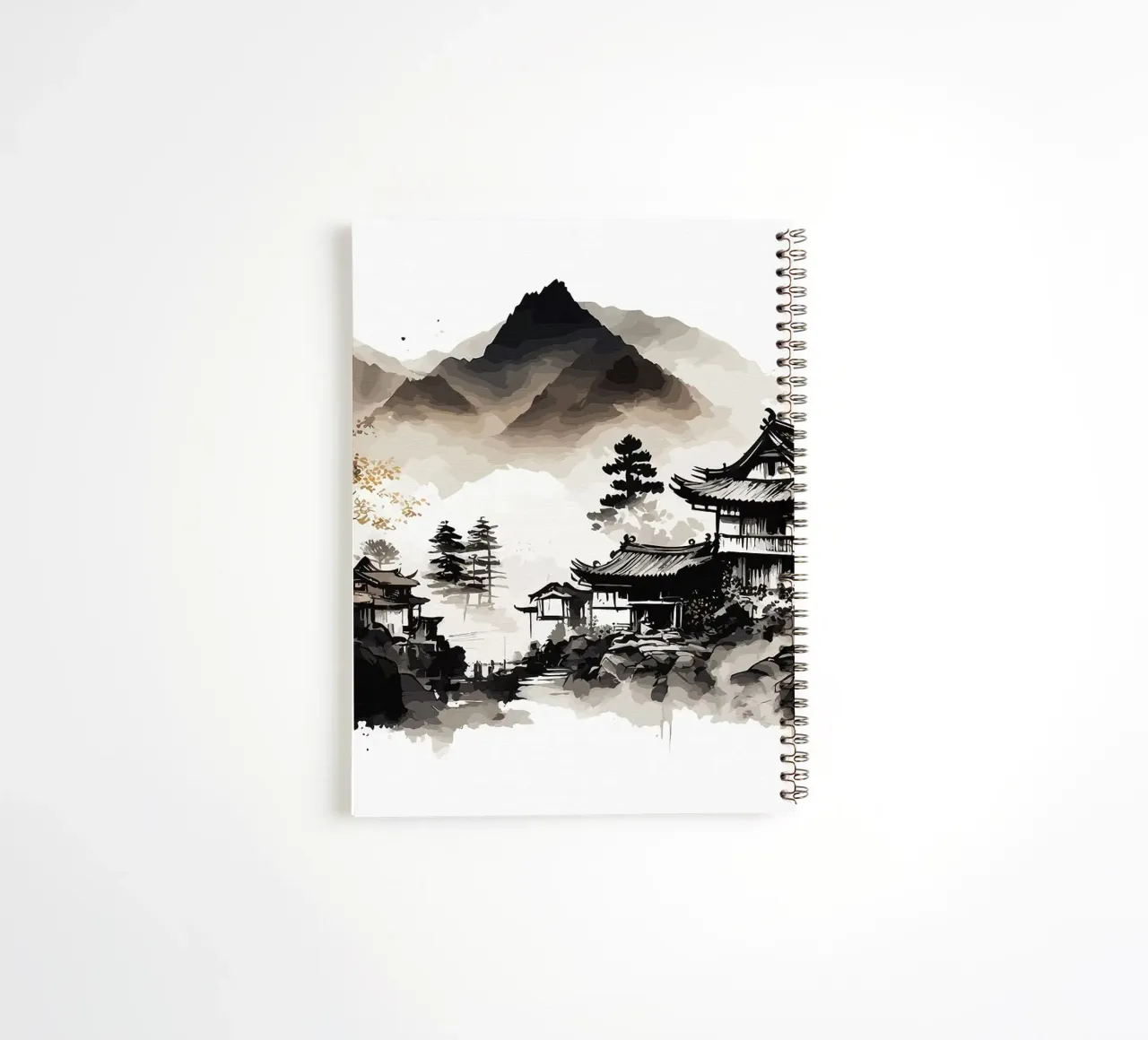 mountains traditional-architecture pagoda temple tree mist f spiral notebook by minerva santiago