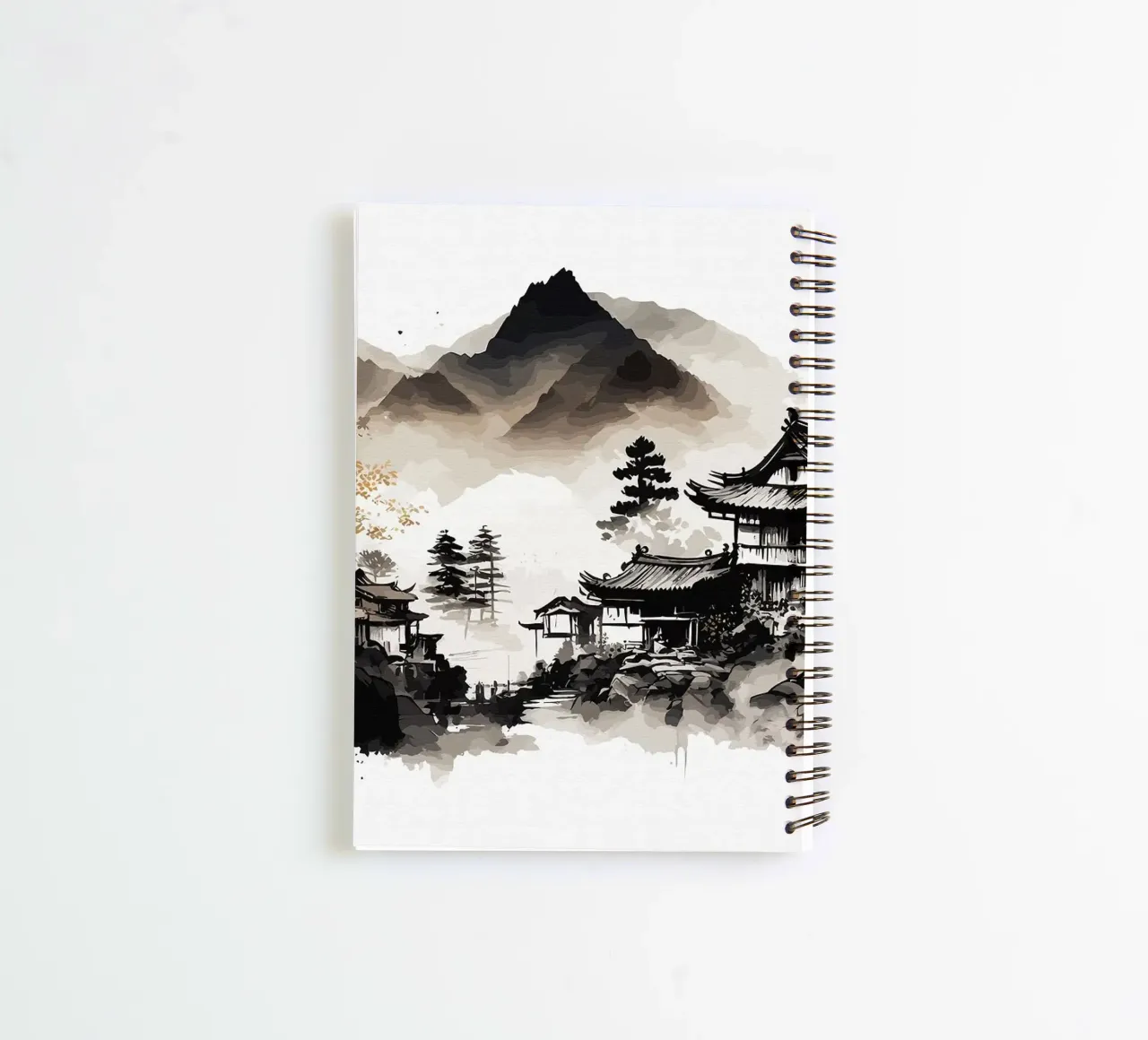 mountains traditional-architecture pagoda temple tree mist f spiral notebook by minerva santiago