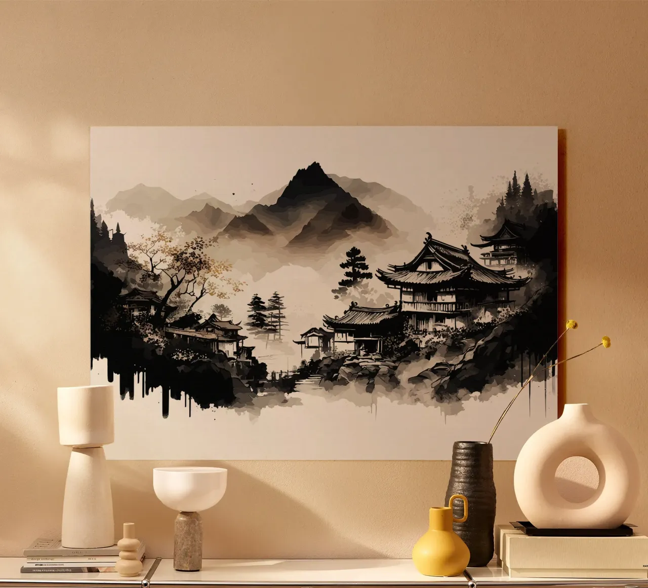 mountains traditional-architecture pagoda temple tree mist f acrylic glass by minerva santiago