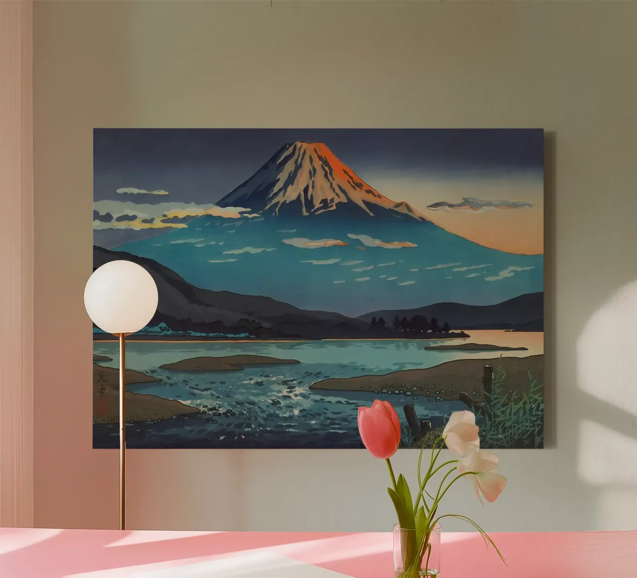 berg zonsondergang meer rivier wolken weerspiegeling water horizon s canvas met Baklijst van minerva santiago