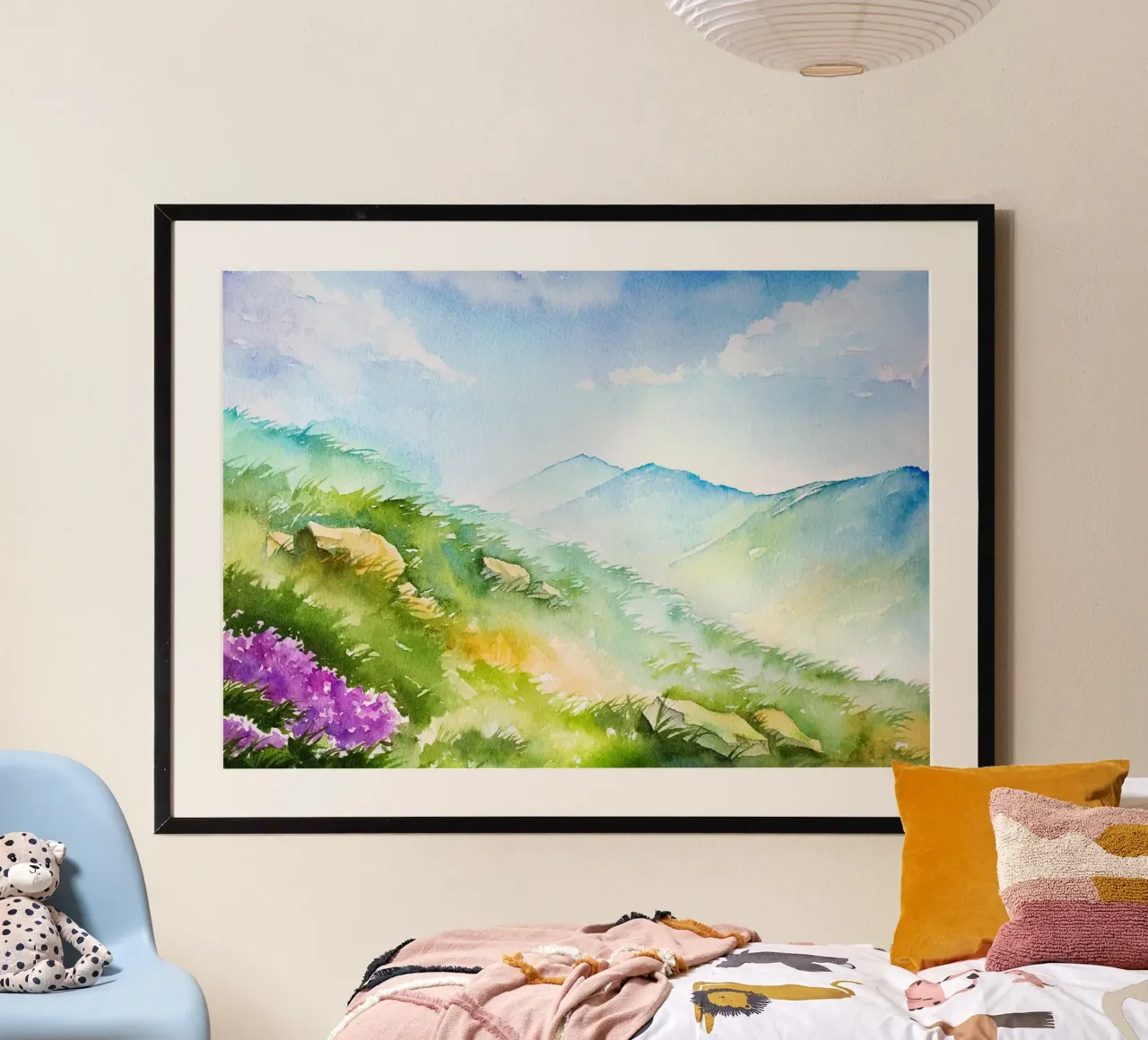 montañas cielo nubes hierba colinas flores flores silvestres ridgel poster con marco de plástico de minerva santiago