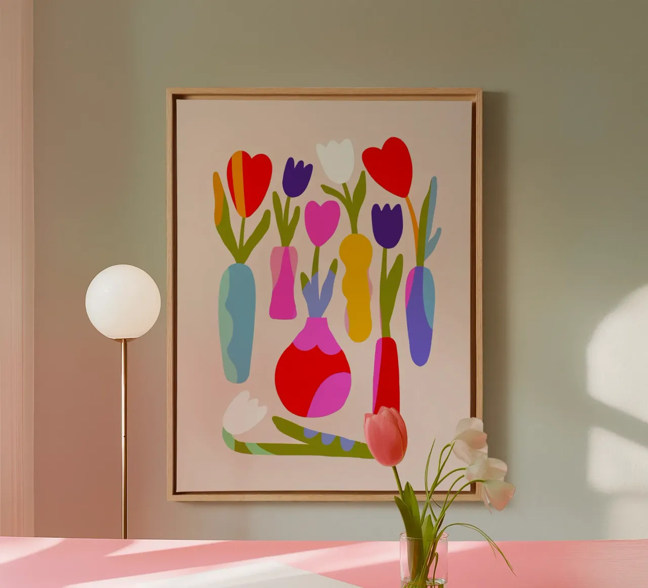 Tulipani retrò in vaso - Collage artistico floreale colorato tela con Cornice a cassetta da Dominique Vari