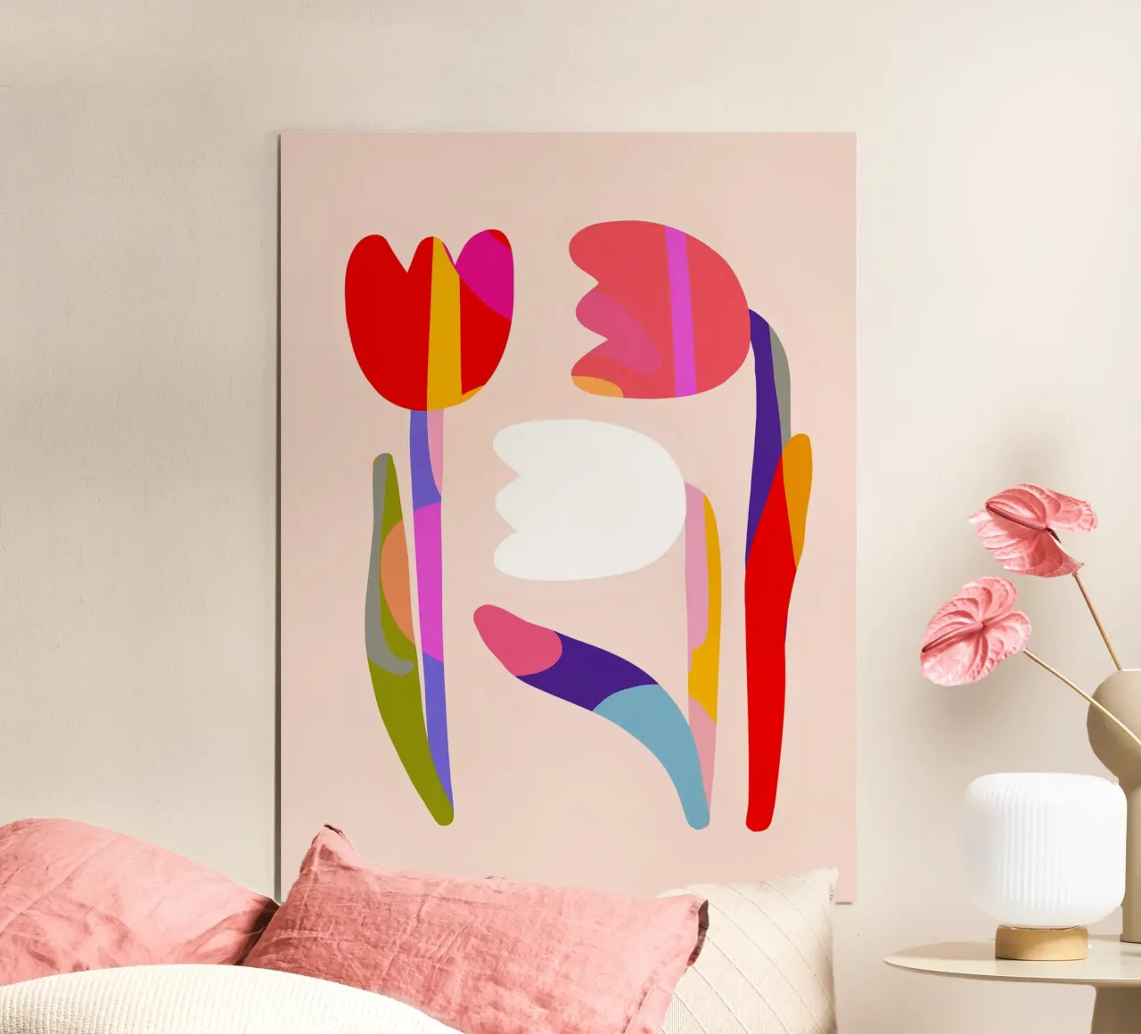 Trio kleurrijke tulpen - Retro-geïnspireerde moderne bloemsierkunst poster met aluminium frame van Dominique Vari