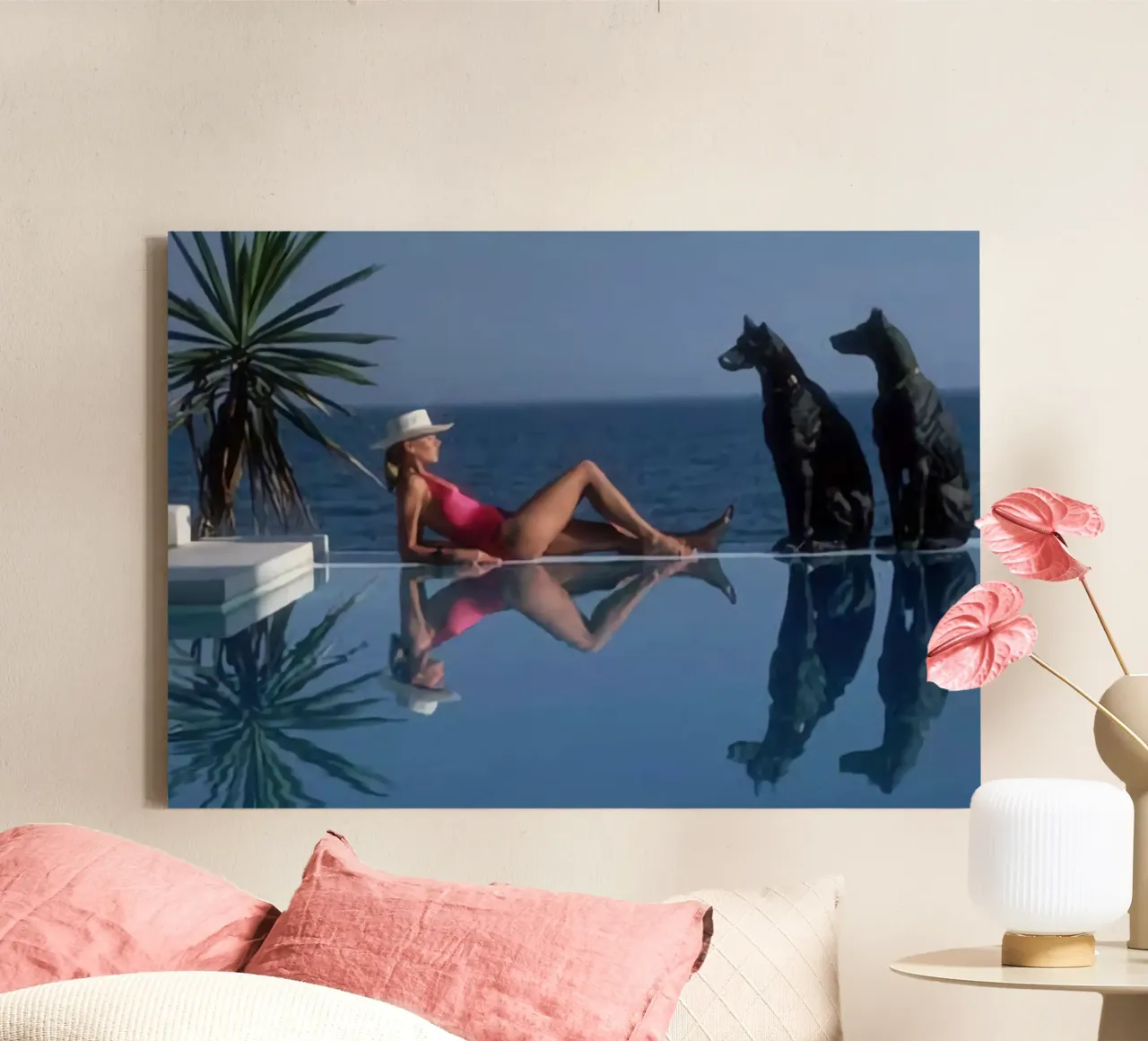 Slim Aarons - Poolside Bikini And Two Black Dogs canvas by The Poster UK