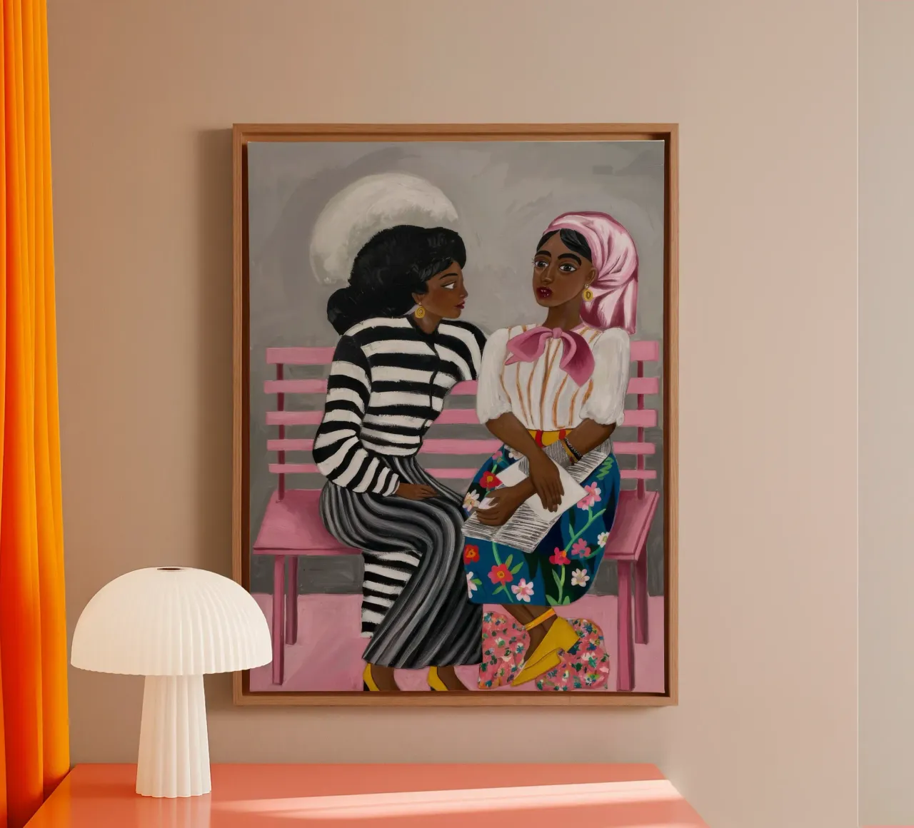 Bench Conversations canvas with Floater frame by Ebony Carpenter