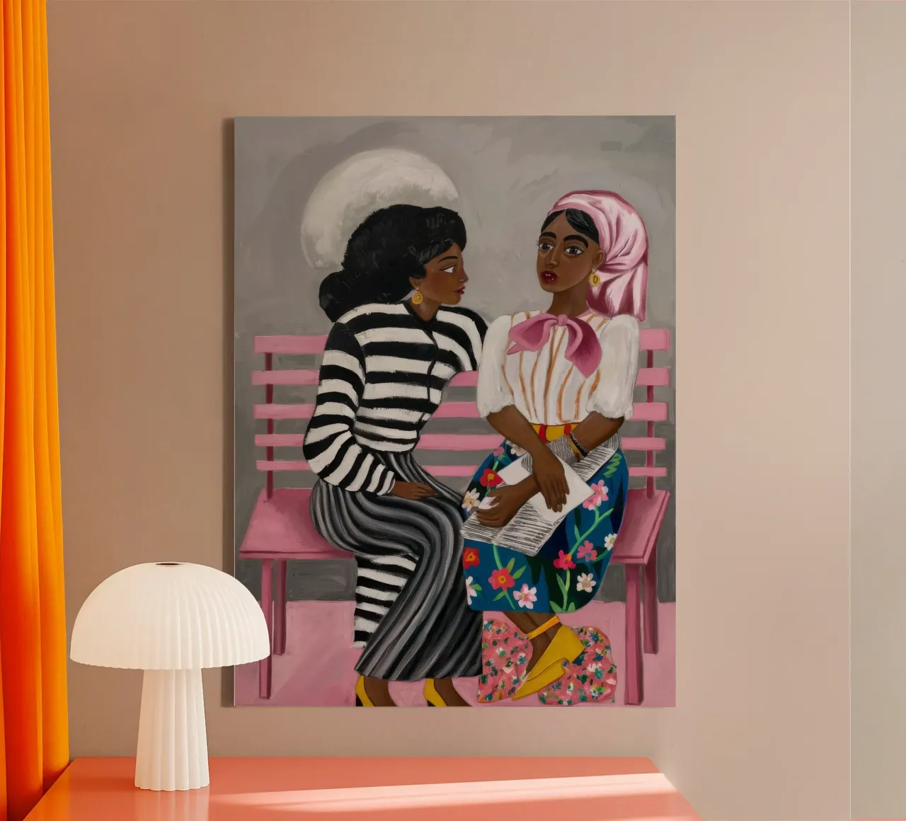 Bench Conversations canvas with Floater frame by Ebony Carpenter