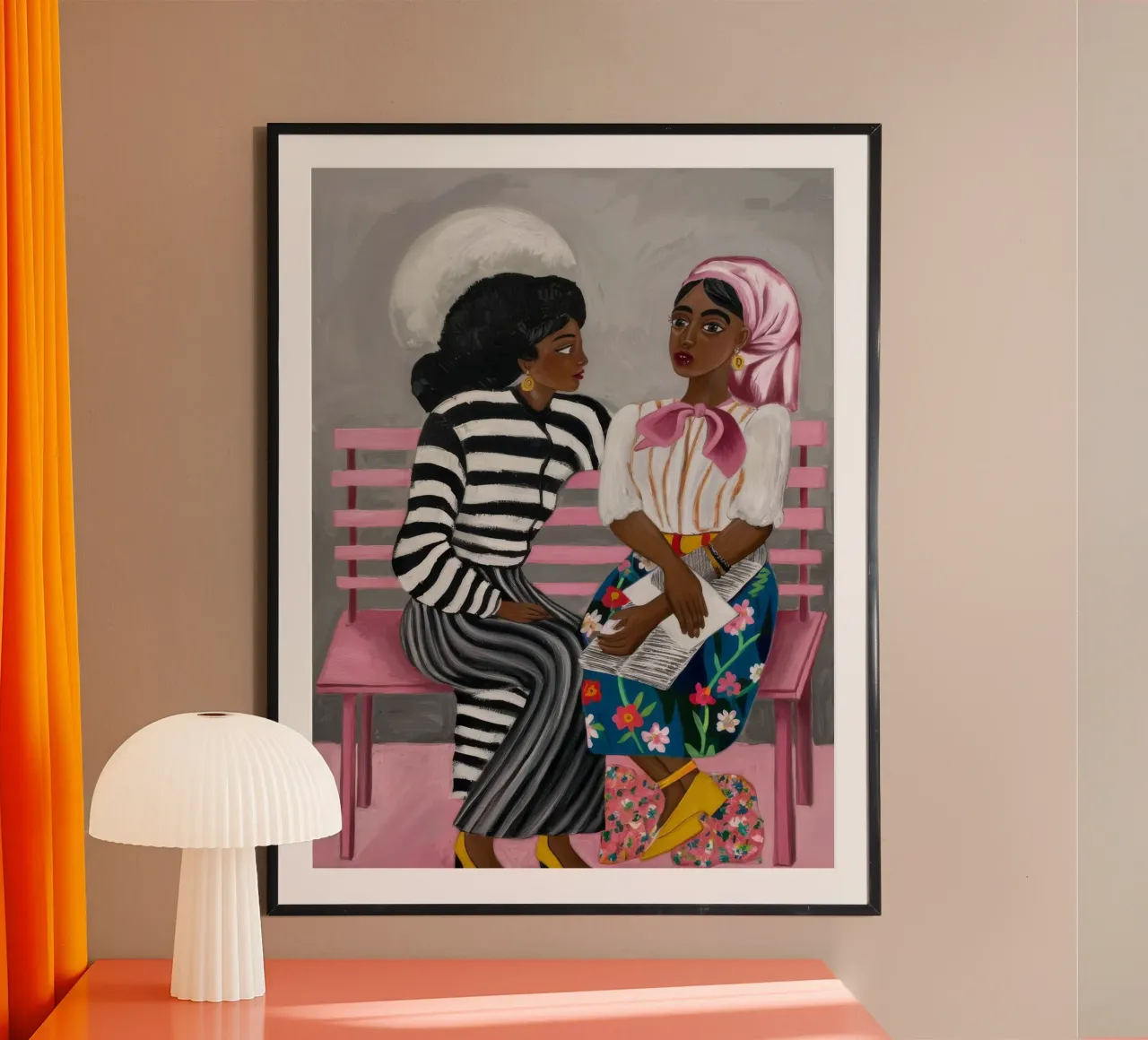 Conversazioni in panchina poster con telaio in alluminio da Ebony Carpenter